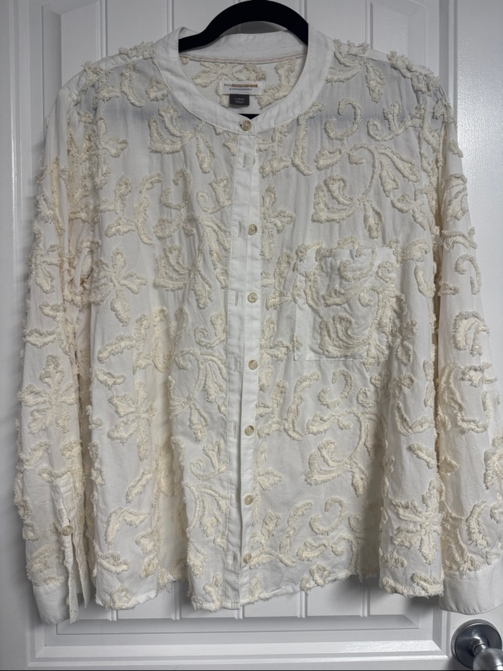 Anthropologie Cream Embroidered Button-Front Blouse